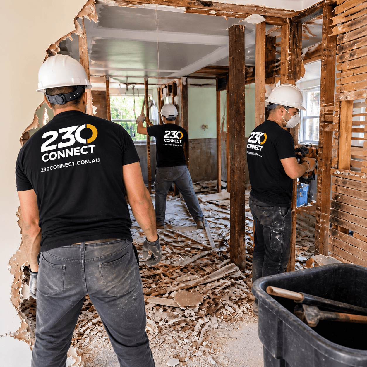 230 Connect crew carrying out demolition of a damaged section of a property