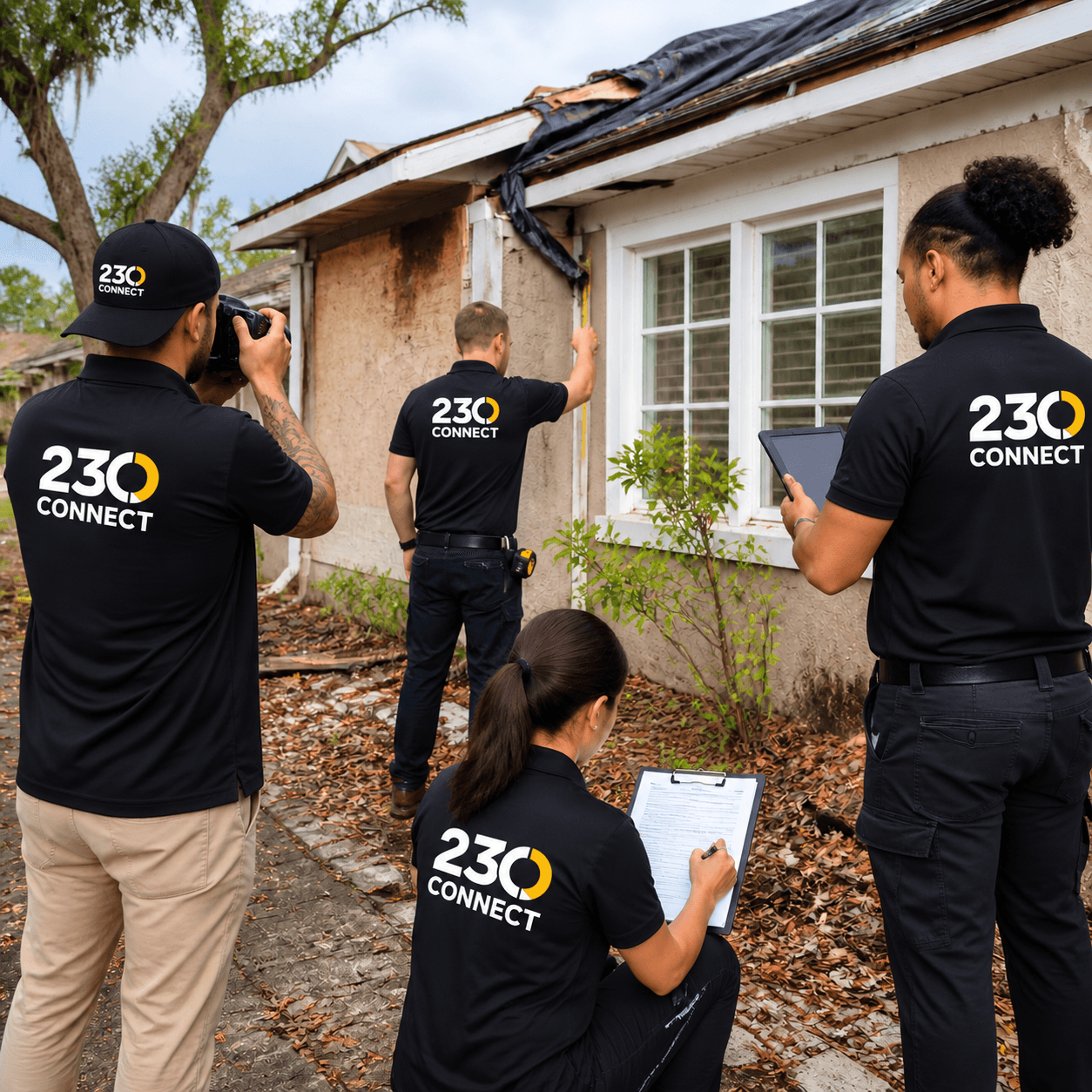 230 Connect crew documenting property damage for an insurance claim
