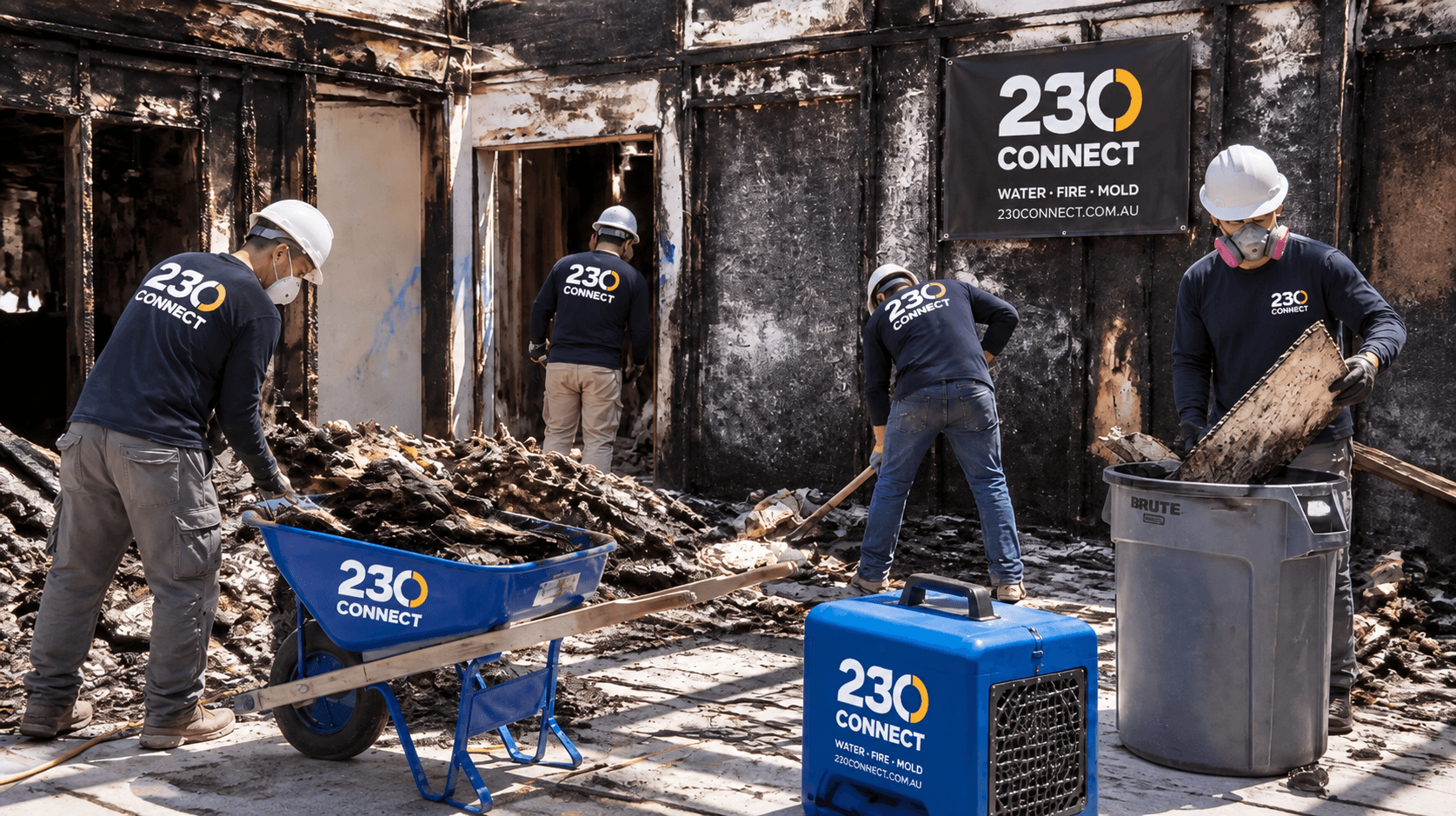 Fire-damaged area being cleared for restoration by 230 Connect
